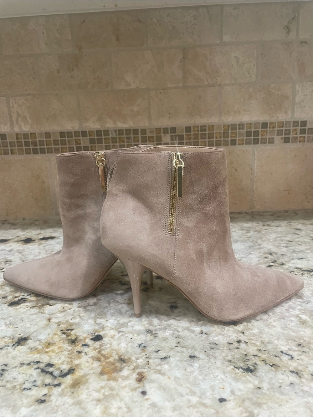 Marc Fisher Taupe Suede Pointed-Toe Ankle Booties with Gold Zipper